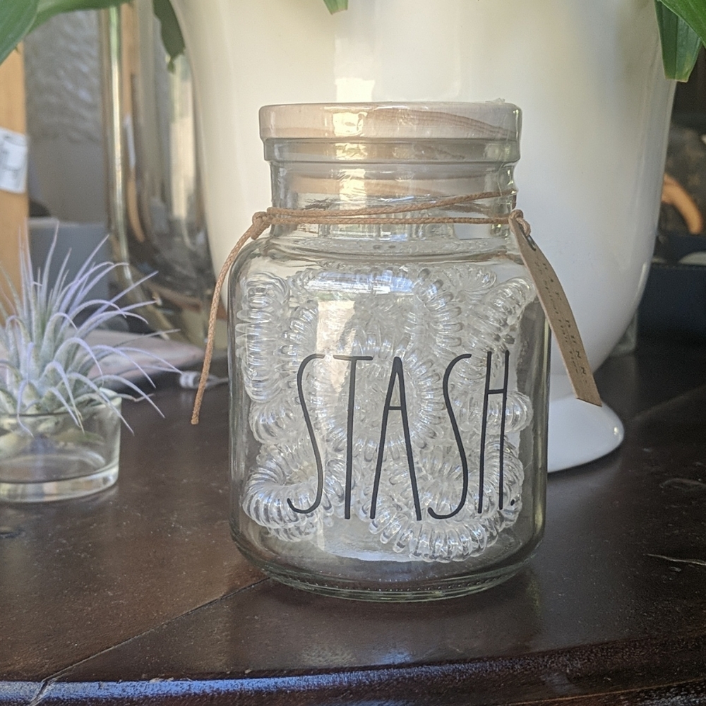 Rae Dunn STASH Glass Jar with Spiral Hair Ties